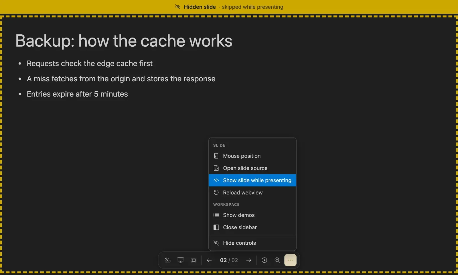 A hidden slide in the slide preview, with the Hidden slide bar above it and the Show slide while presenting action in the More actions menu